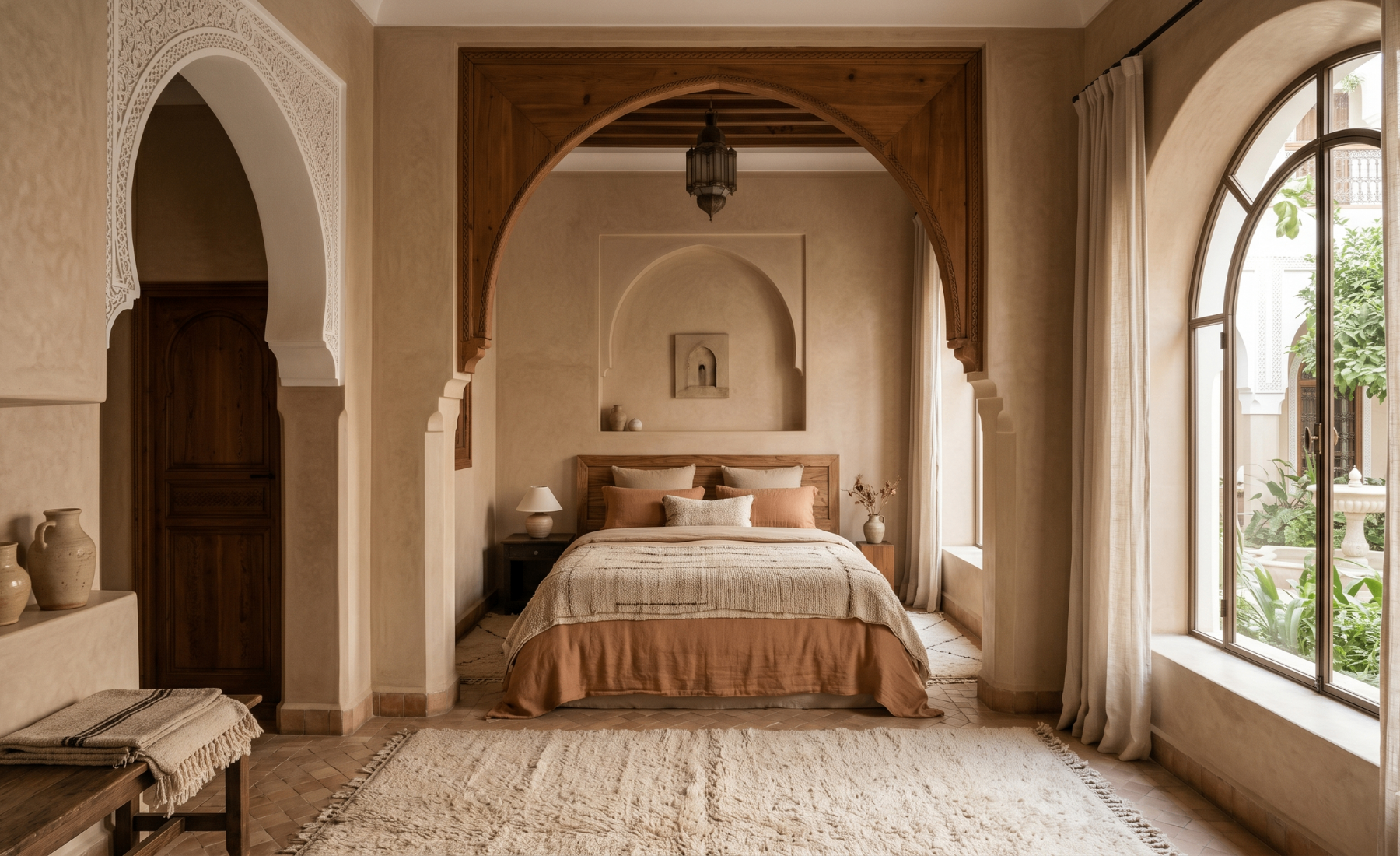 Bedroom — cedar arch & terracotta linen