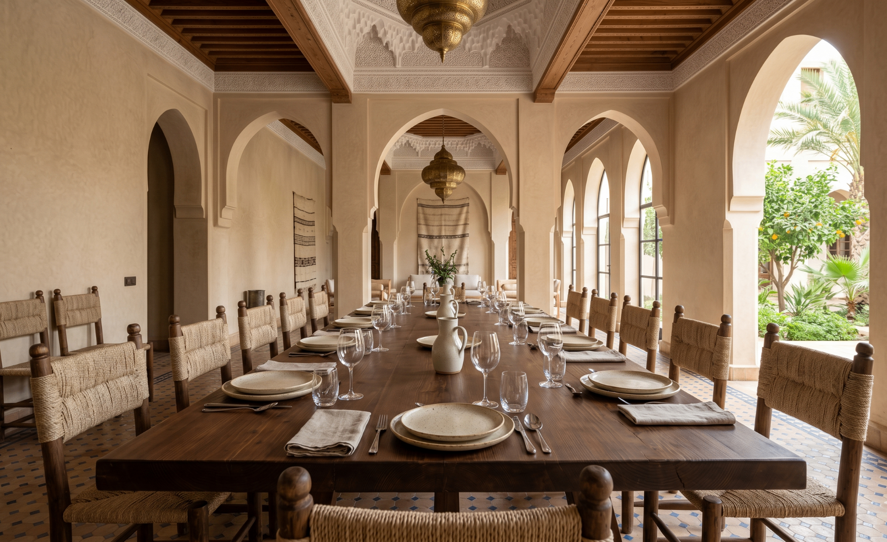 Dining — arches, brass lanterns & zellige