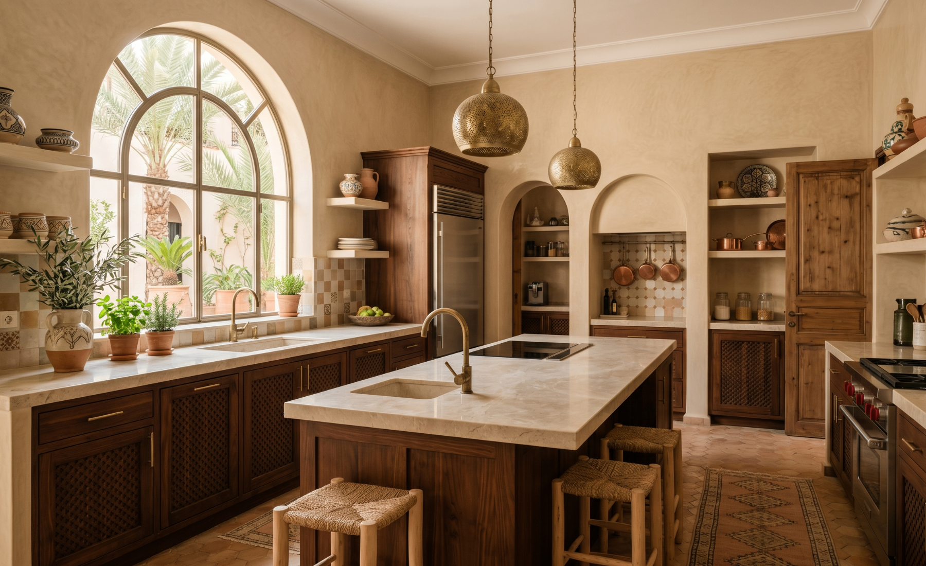 Kitchen — walnut, brass & zellige